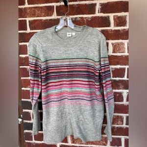 GAP Womens Light Gray Crewneck Sweater with Multi-Color Stripes